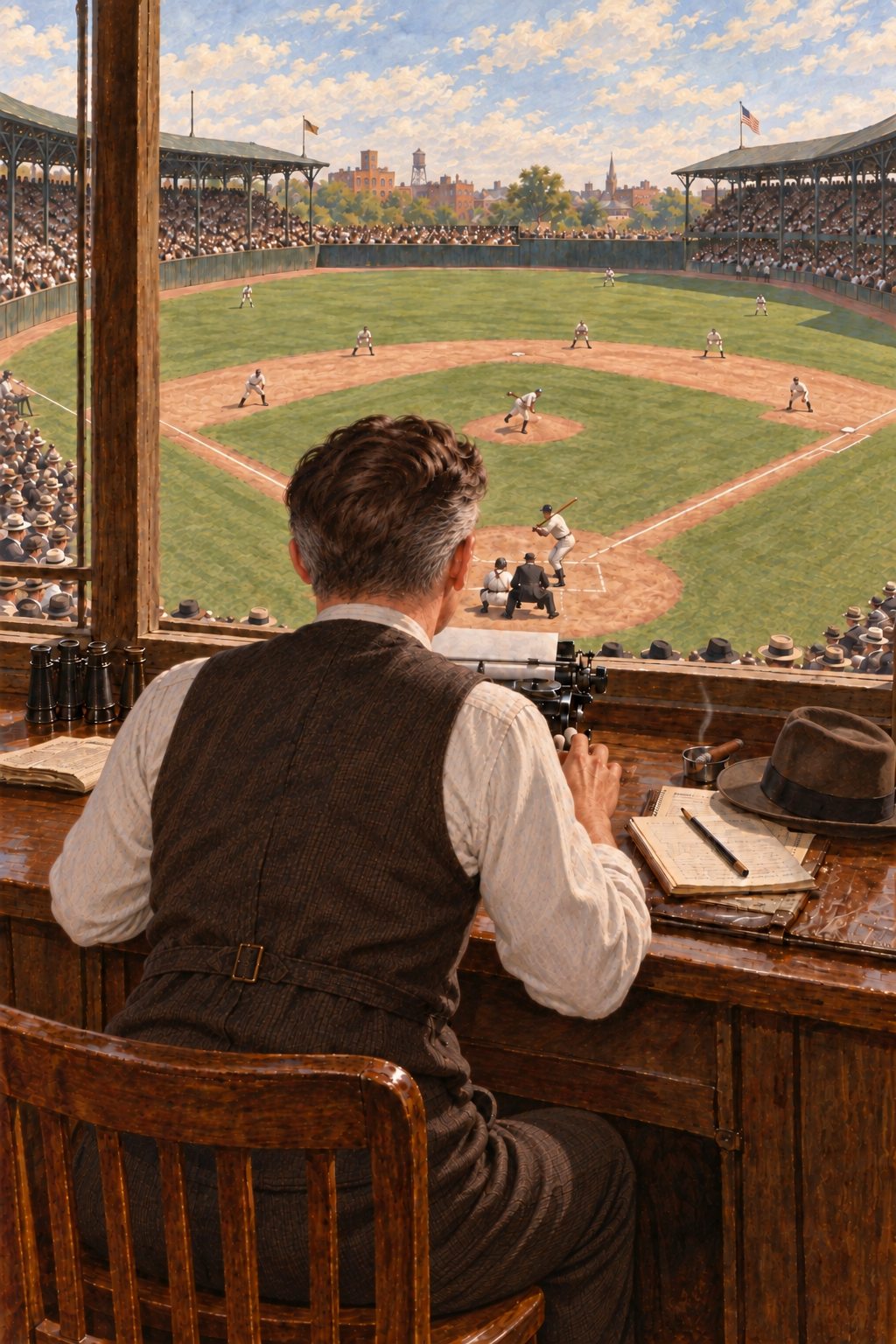 Painting: a sportswriter at his typewriter in a ballpark press box, looking out over a game before a crowded grandstand.